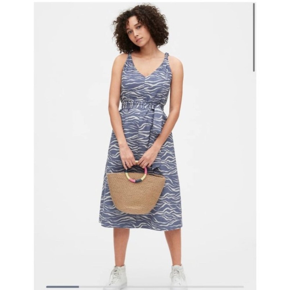 NEW Gap Knotted Linen Blend Zebra Print Midi Dress Large Tall